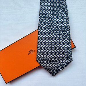 Hermes Neck Tie Navy Lucky Horseshoe w/OG Box Wide Authentic